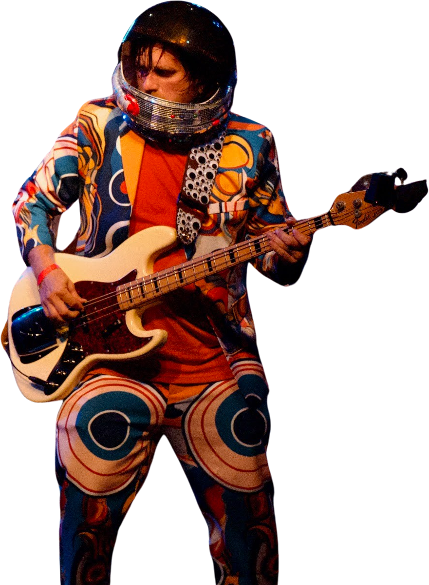 Brad Frost playing bass wearing a disco ball space helmet